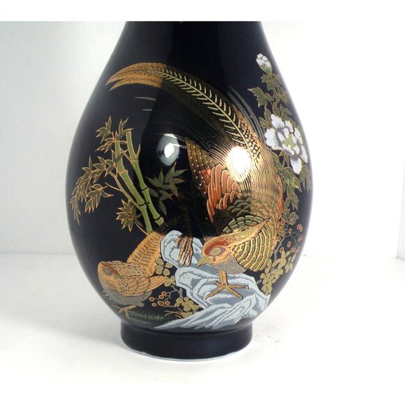 Vintage Cobalt Blue Japanese Porcelain Vase W/ Gold Pheasant With  Floral  Desig - Picture 2 of 9